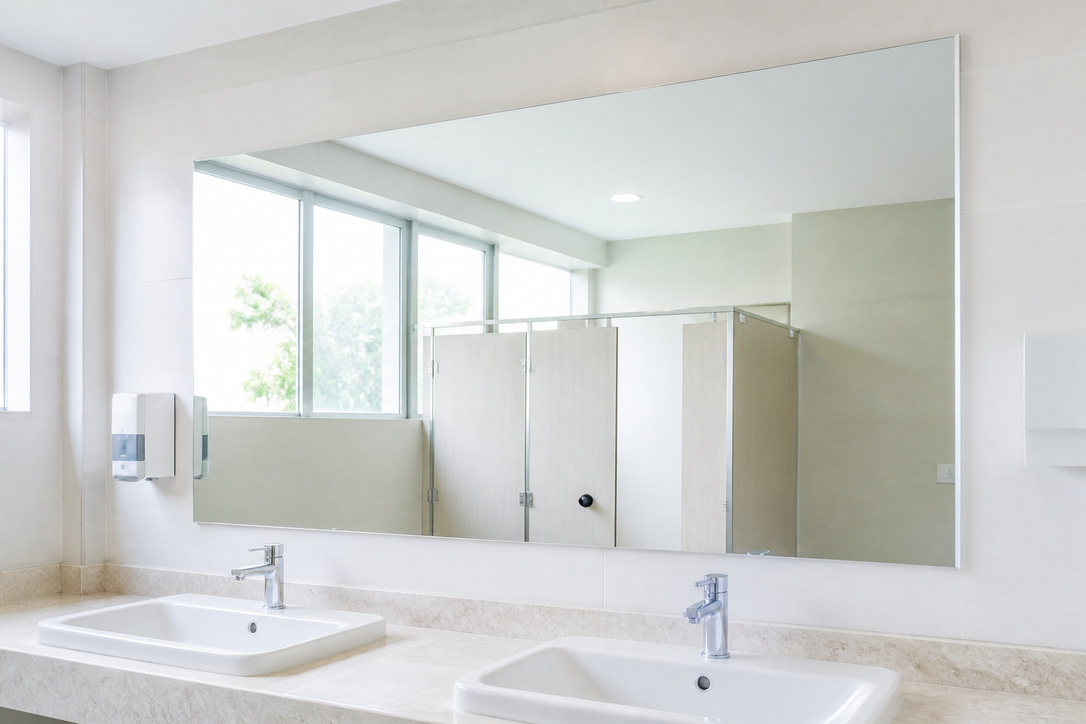 Gương nhà vệ sinh rộng phía trên hai bồn rửa trắng trong không gian sáng sạch Gương nhà vệ sinh rộng phía trên hai bồn rửa trắng trong không gian sáng sạch