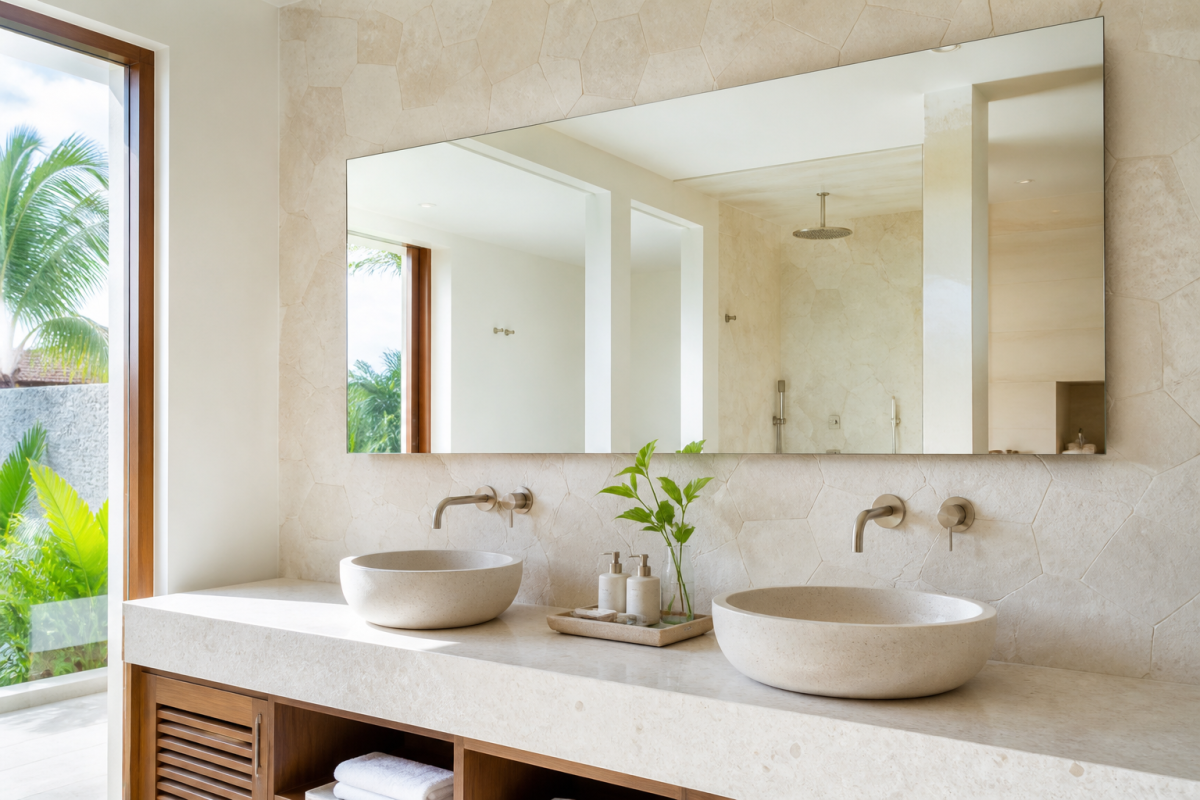 gương phòng tắm resort trên bàn đá đôi cạnh cửa sổ mở ra cây xanh nhiệt đới