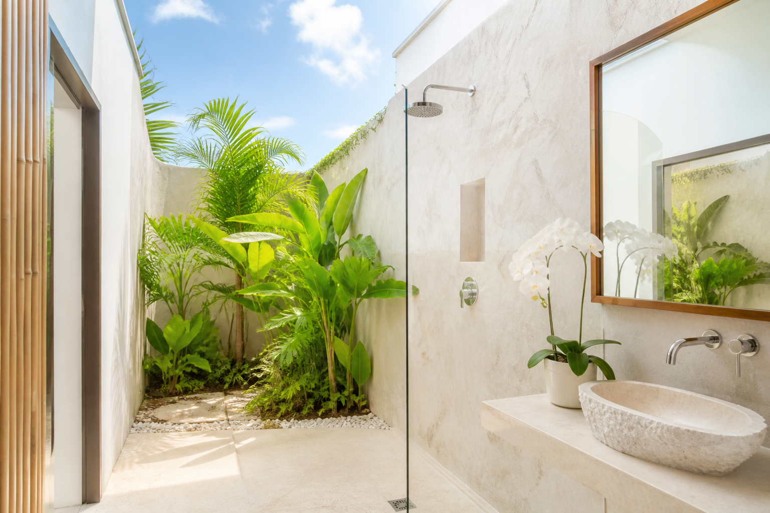 gương phòng tắm resort trên tường đá sáng cạnh vòi sen ngoài trời và cây xanh
