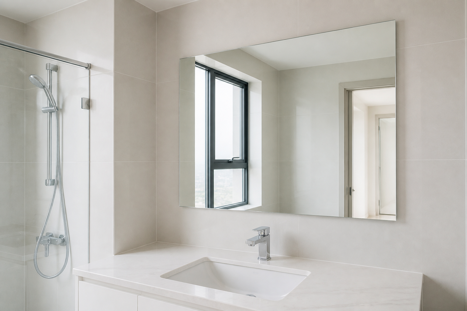 Gương phòng tắm chữ nhật phía trên lavabo trắng, gạch xám sáng và ánh sáng tự nhiên Gương phòng tắm chữ nhật phía trên lavabo trắng, gạch xám sáng và ánh sáng tự nhiên