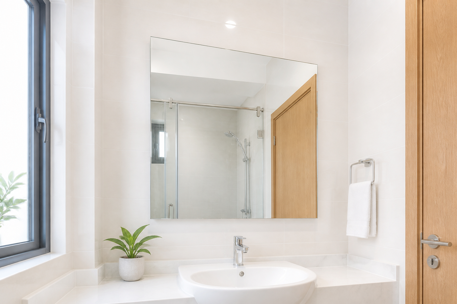 gương phòng tắm hình chữ nhật phía trên lavabo trắng trong căn hộ sáng sạch với gạch sáng màu gương phòng tắm hình chữ nhật phía trên lavabo trắng trong căn hộ sáng sạch với gạch sáng màu
