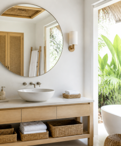 gương resort trong phòng tắm bungalow thoáng sáng, gương tròn trên bàn gỗ cạnh cửa sổ mở