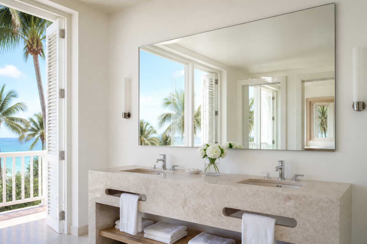 gương resort trong phòng tắm khu nghỉ ven biển với gương lớn và cửa chớp mở