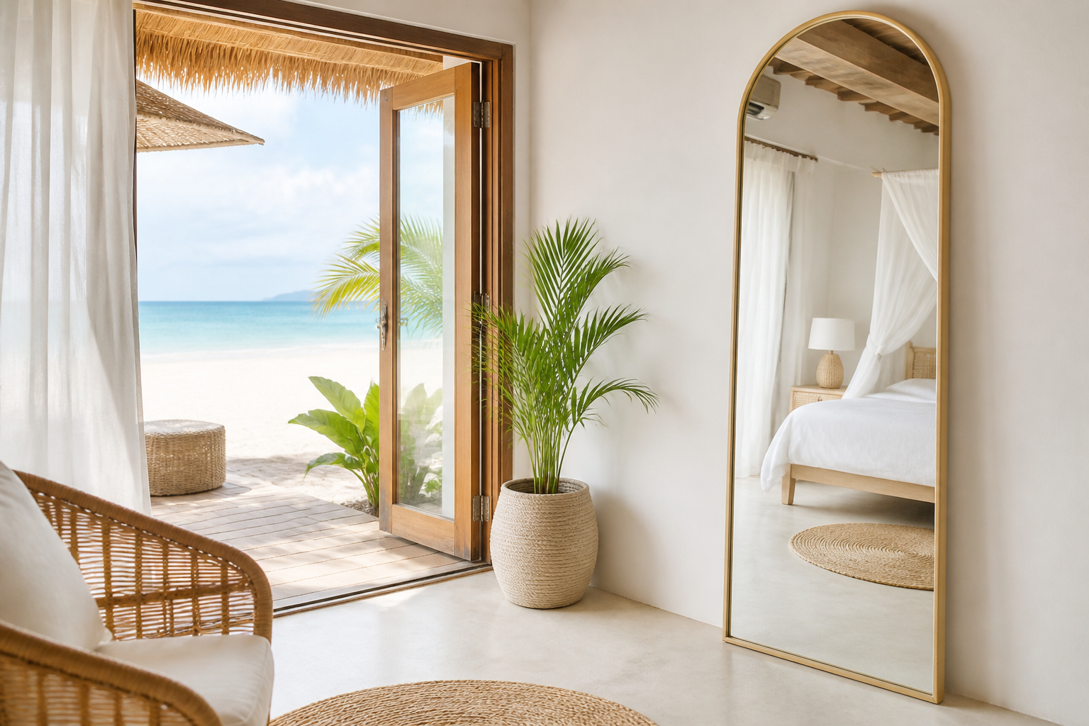 gương resort trong bungalow sát biển với gương toàn thân, ghế mây và cửa mở ra biển