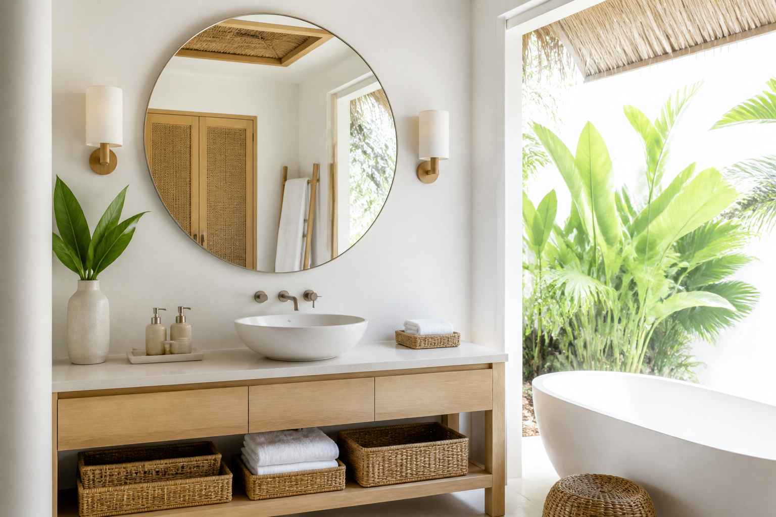 gương resort trong phòng tắm bungalow thoáng sáng, gương tròn trên bàn gỗ cạnh cửa sổ mở gương resort trong phòng tắm bungalow thoáng sáng, gương tròn trên bàn gỗ cạnh cửa sổ mở
