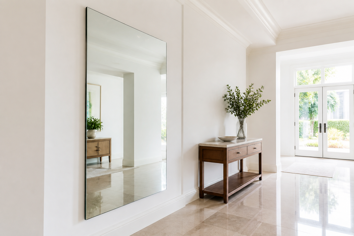 gương villa lớn treo tường trong hành lang sáng cạnh bàn gỗ và cửa kính