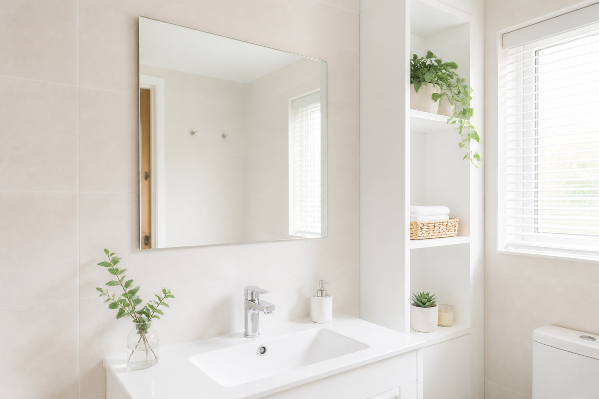 gương nhà tắm nhỏ hình chữ nhật phía trên lavabo trắng, kệ mảnh bên cạnh, gạch sáng, ánh sáng dịu