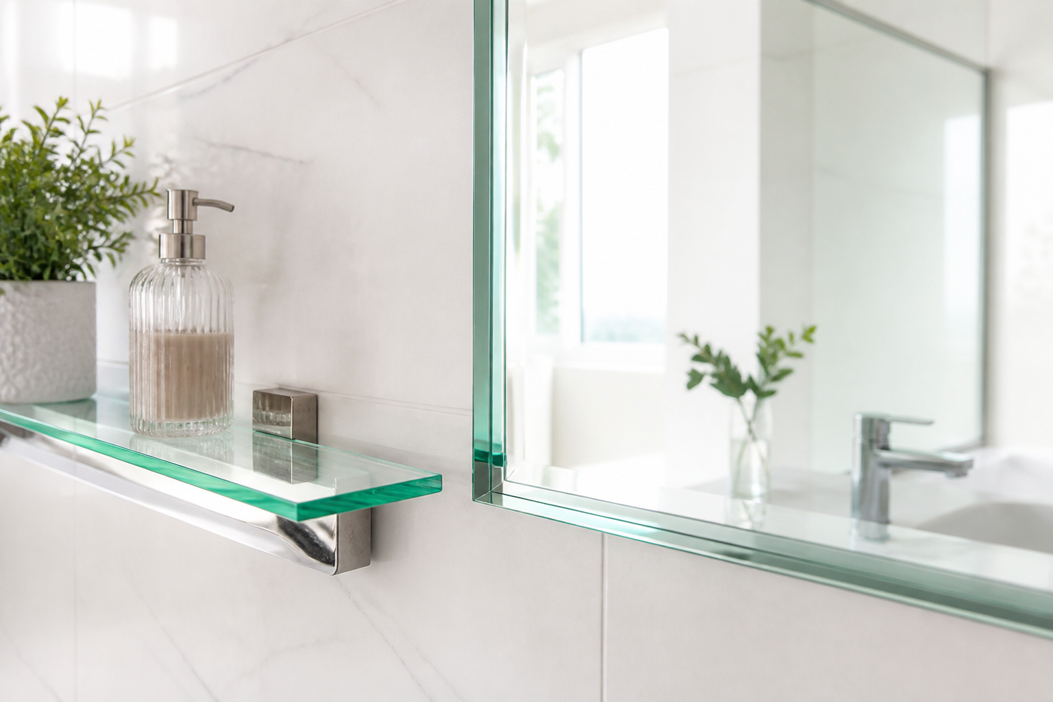 Cận cảnh mép gương nhà tắm đánh bóng cạnh kệ hẹp, nền trắng sáng, thiết kế sạch sẽ