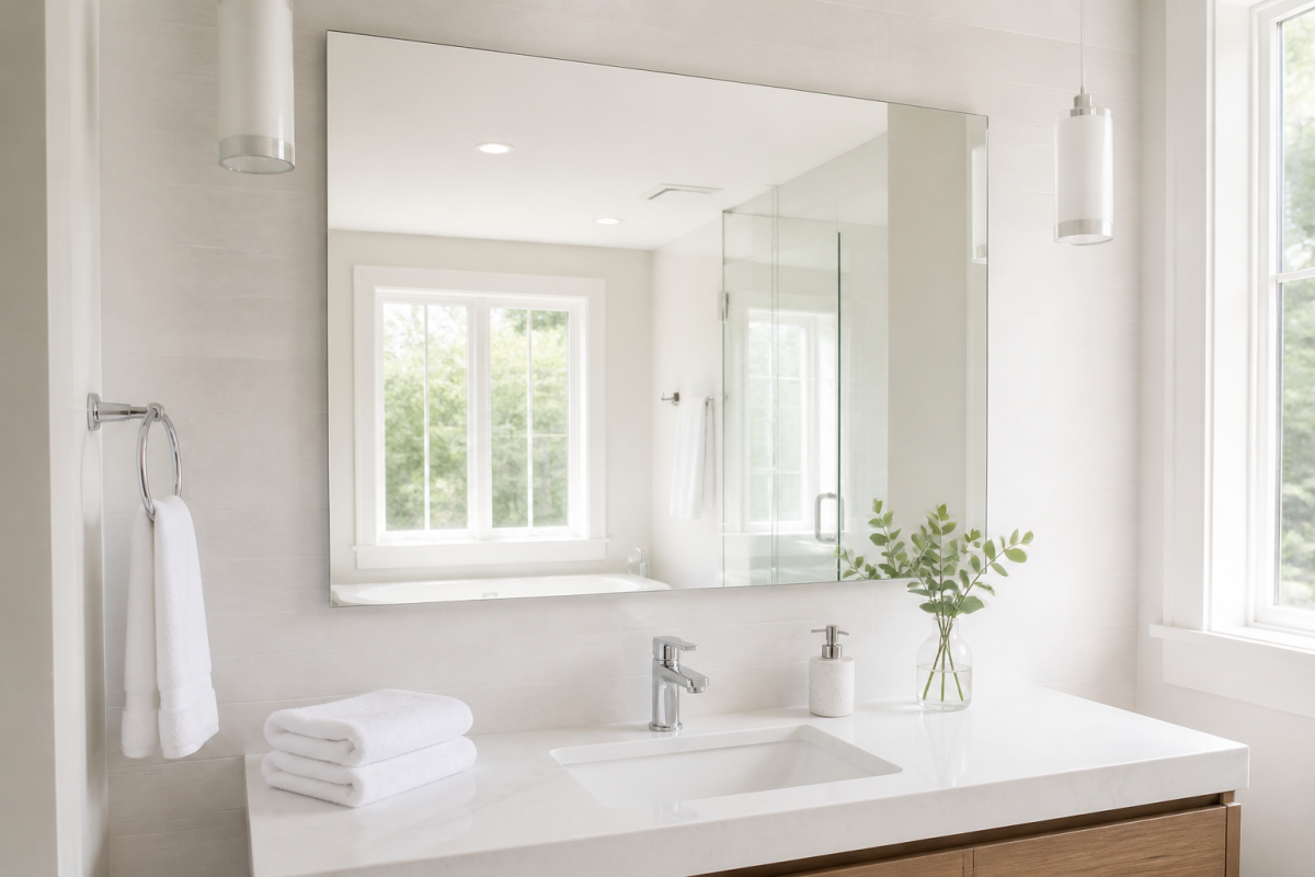 gương phòng tắm chữ nhật phía trên lavabo đá trắng, gạch sáng, khăn gấp và ánh sáng ban ngày dịu