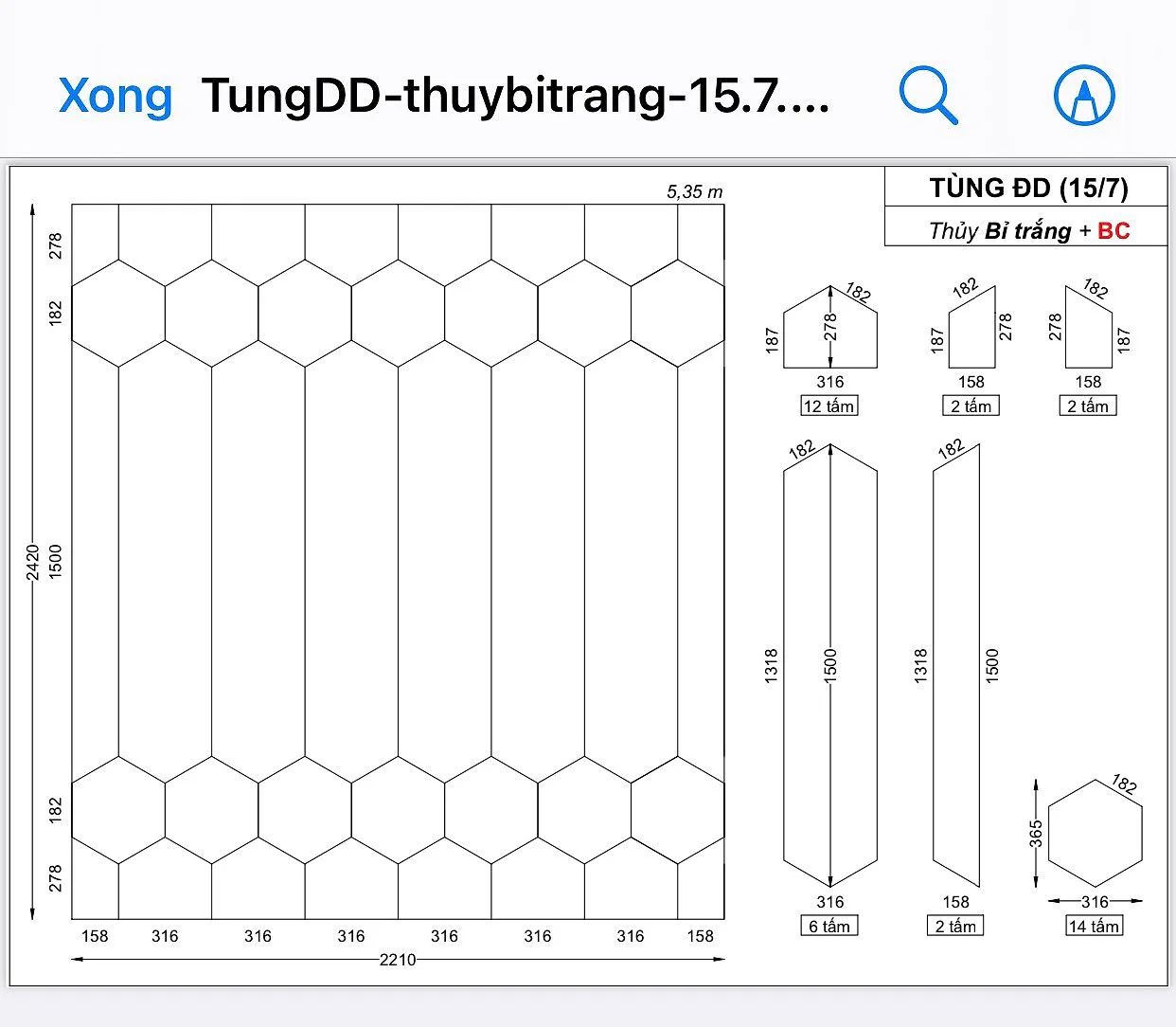 Bản vẽ chia tấm gương ghép lục giác có ghi kích thước từng tấm